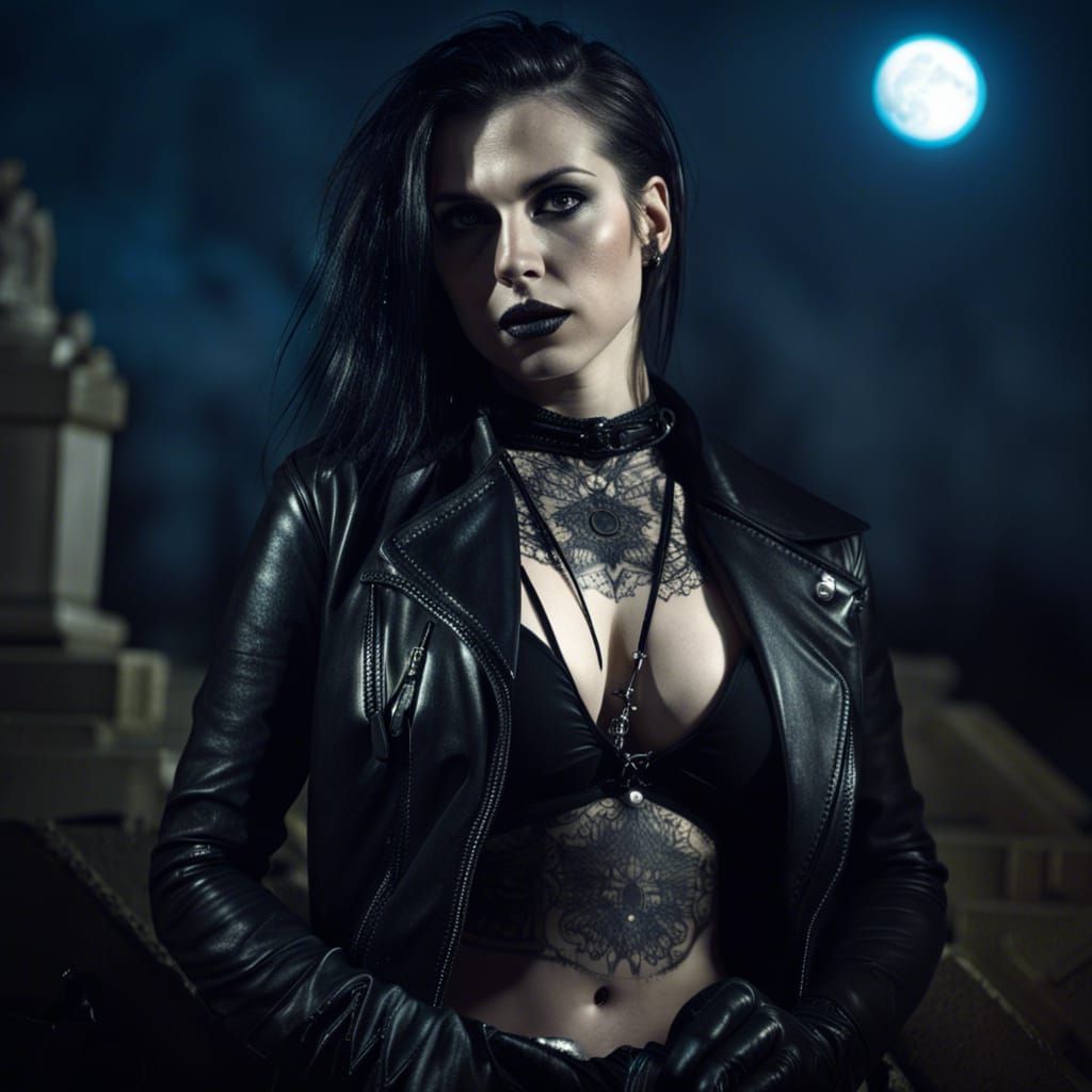 Goth Woman Portrait in Moonlight Graveyard
