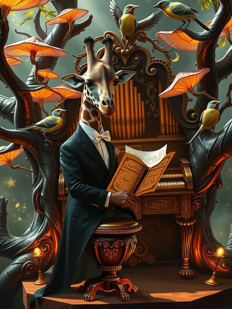 Giraffe Maestro Plays Whimsical Tree Organ in Formal Attire
