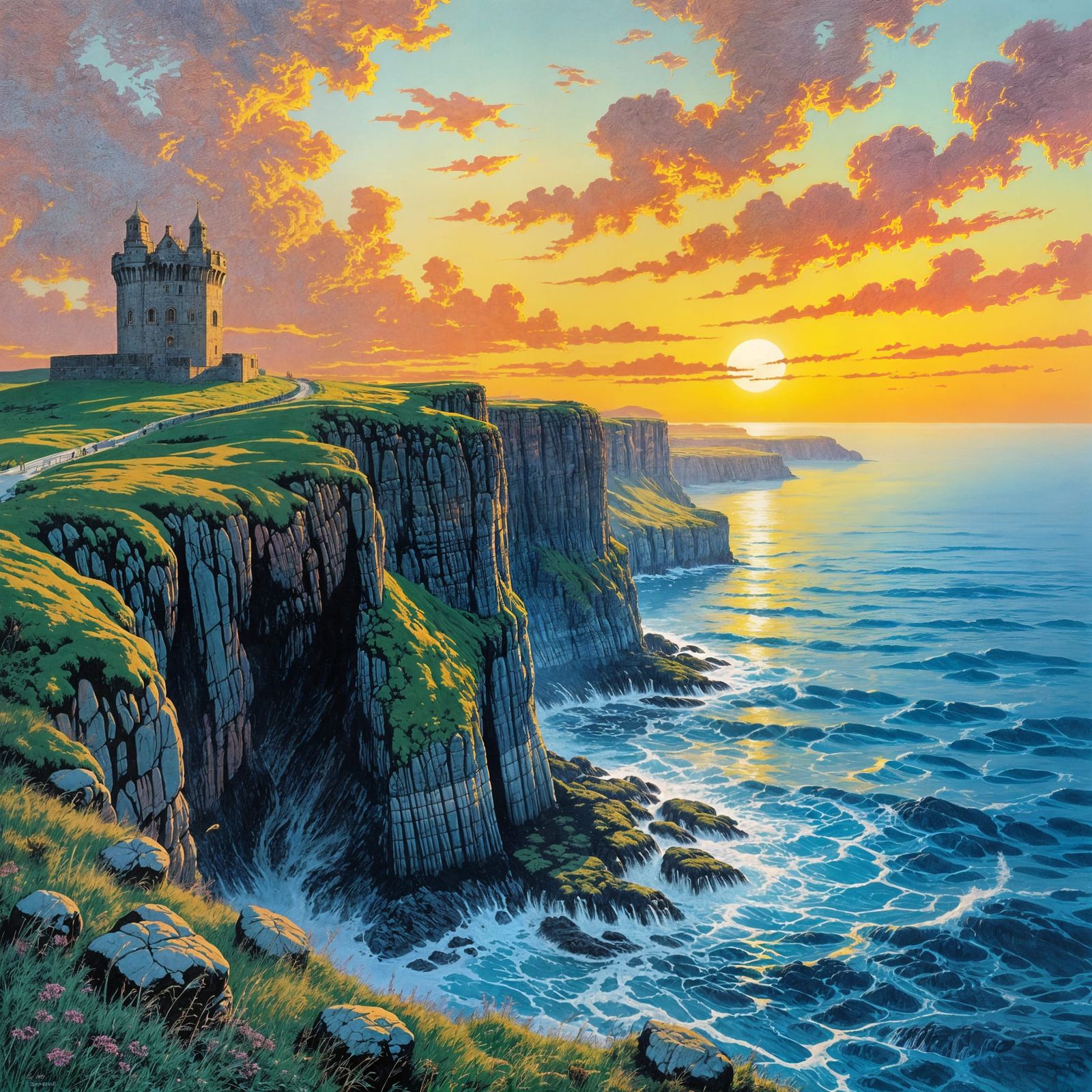 Scotland Cliffs Autumn Mural in Dark Fantasy Style