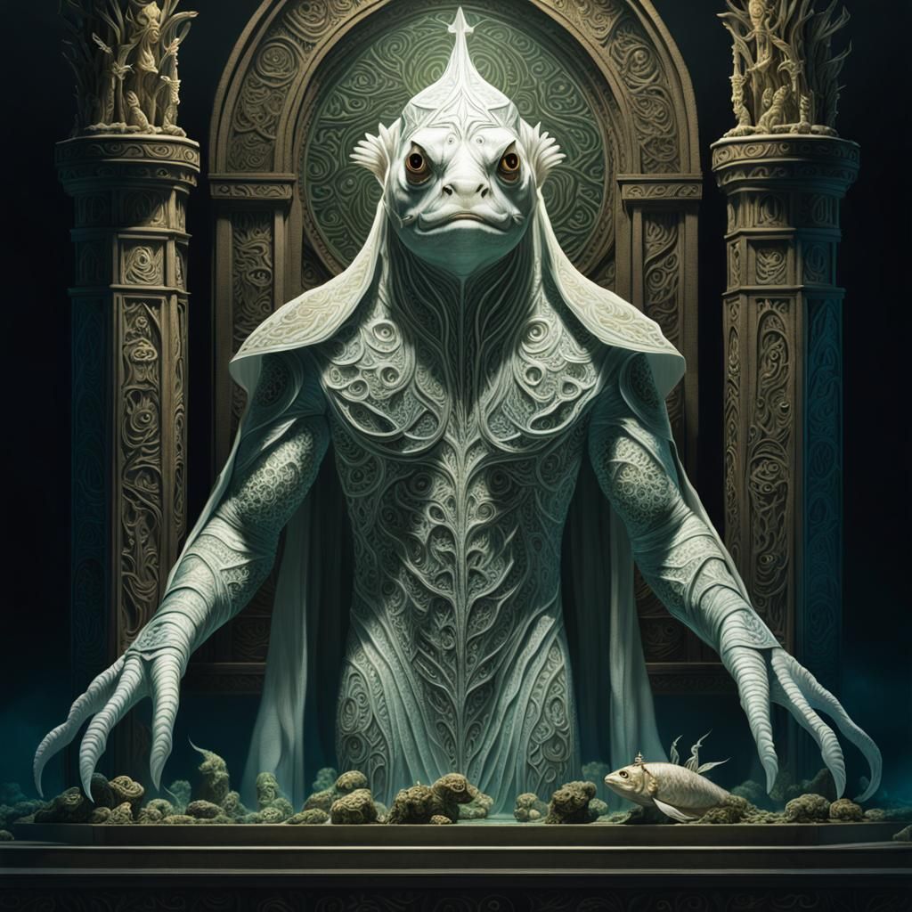 Deep One Priest in Dimly Lit Chamber