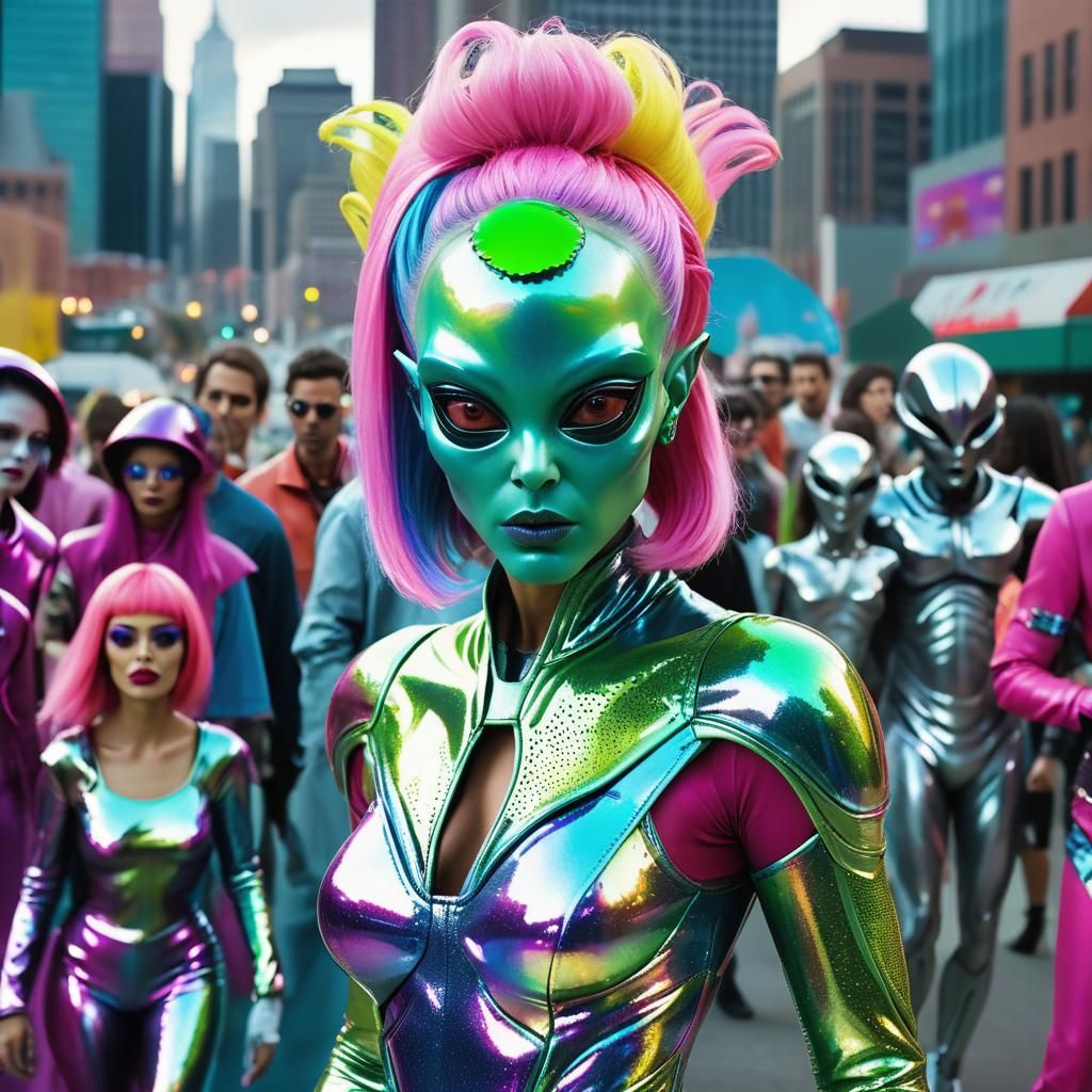 Girl in Alien Costume Photobombs Cityscape: Pop Art Style