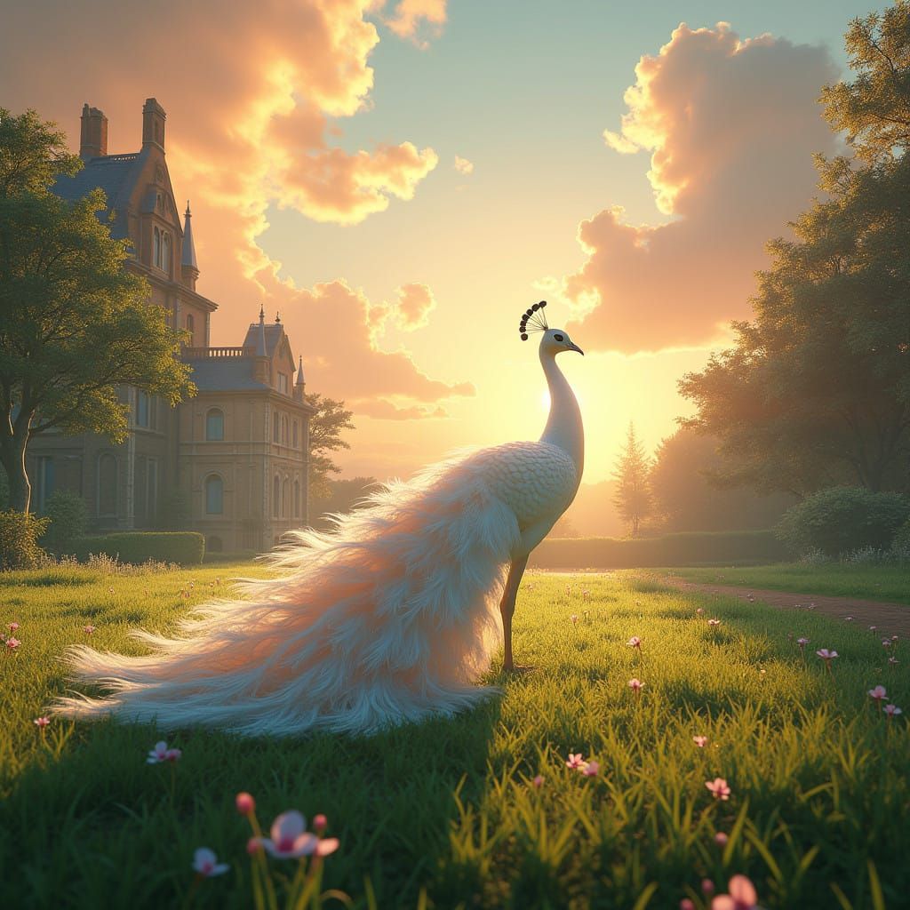 Surreal Sunset Scene with Albino Peacock Showcasing Vibrant....