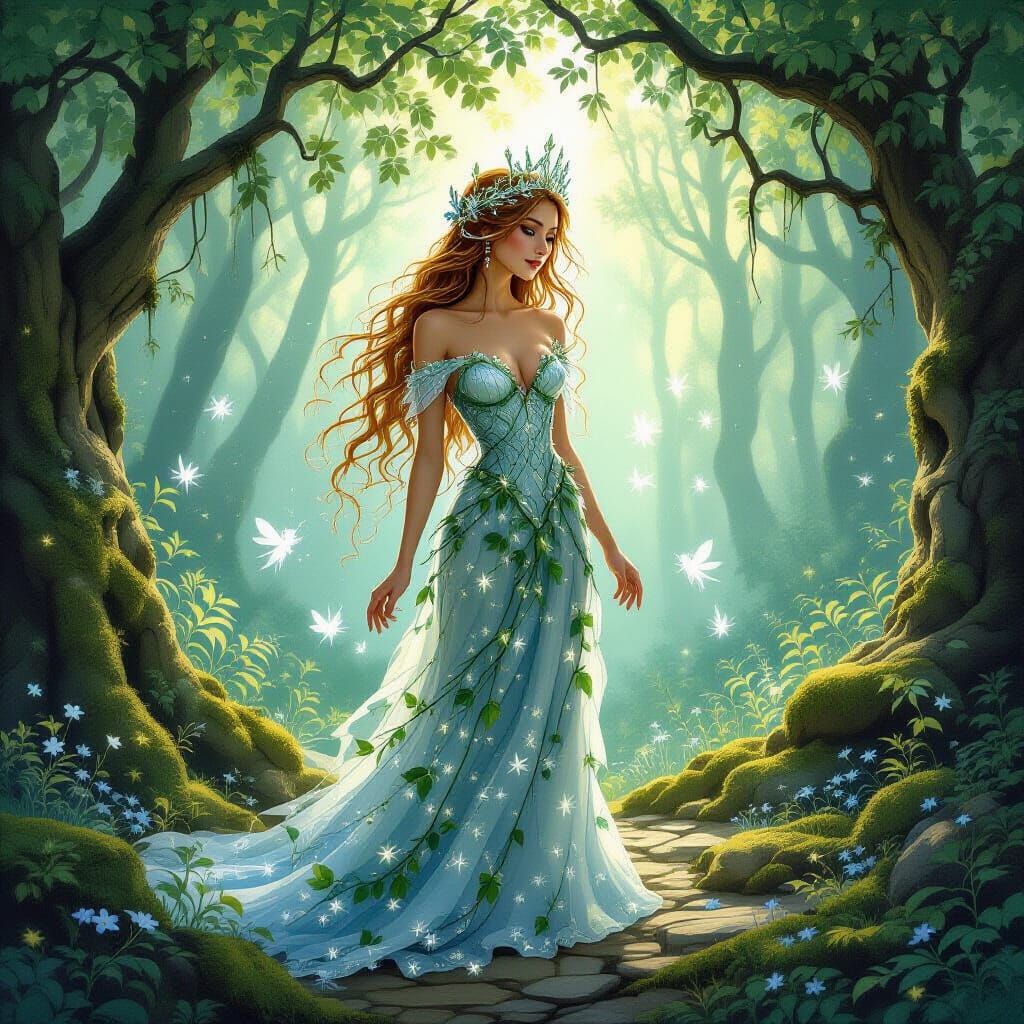 Enchanted Forest Queen in Whimsical Dark Fantasy Style