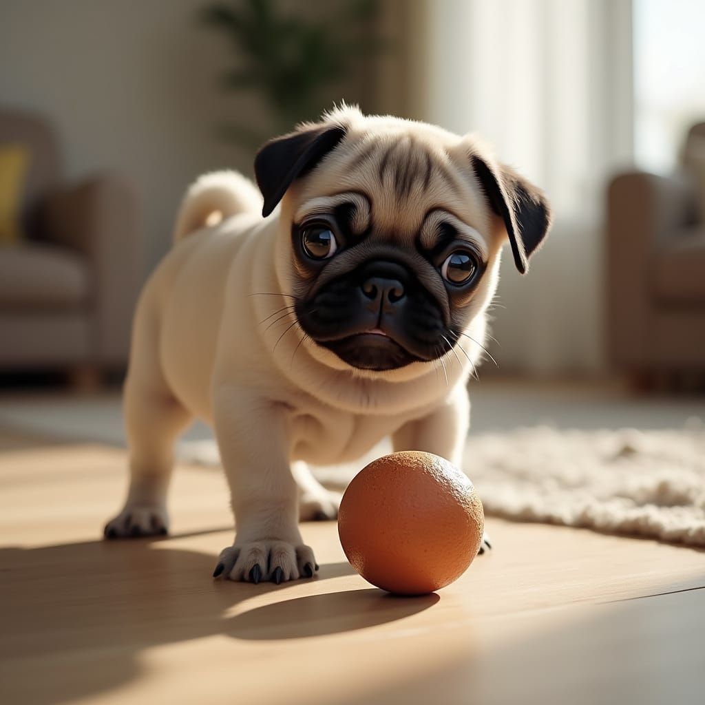 Pug Puppy Plays Ball in Living Room