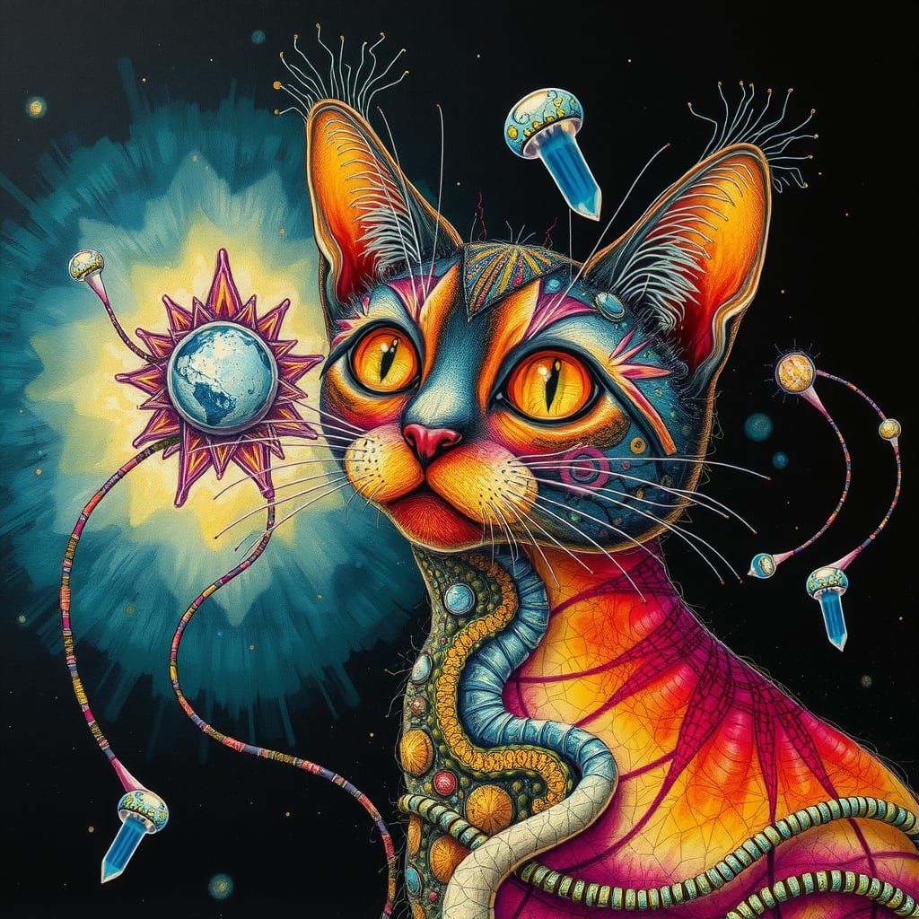 Bioluminescent Cat Portrait in Claymation Textile Art
