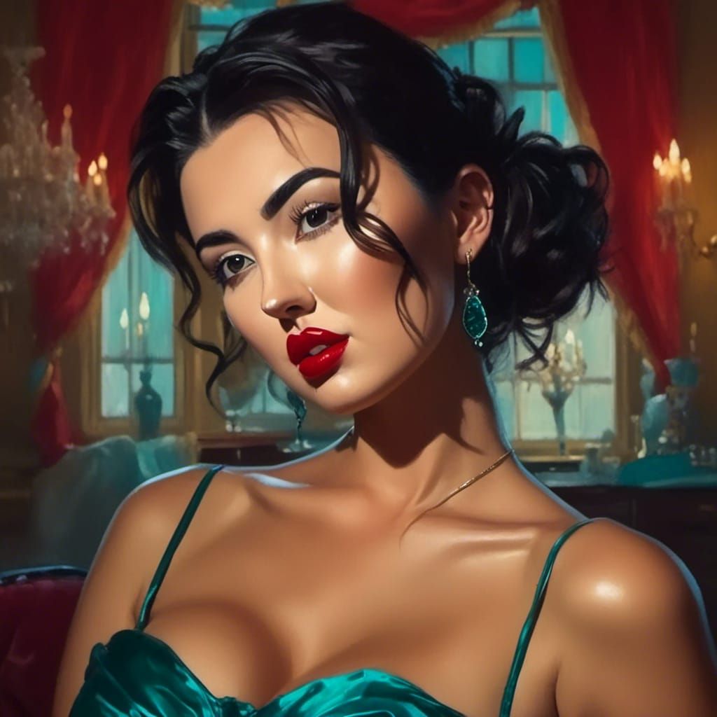 Sultry Pinup Portrait in Oil Painting Style