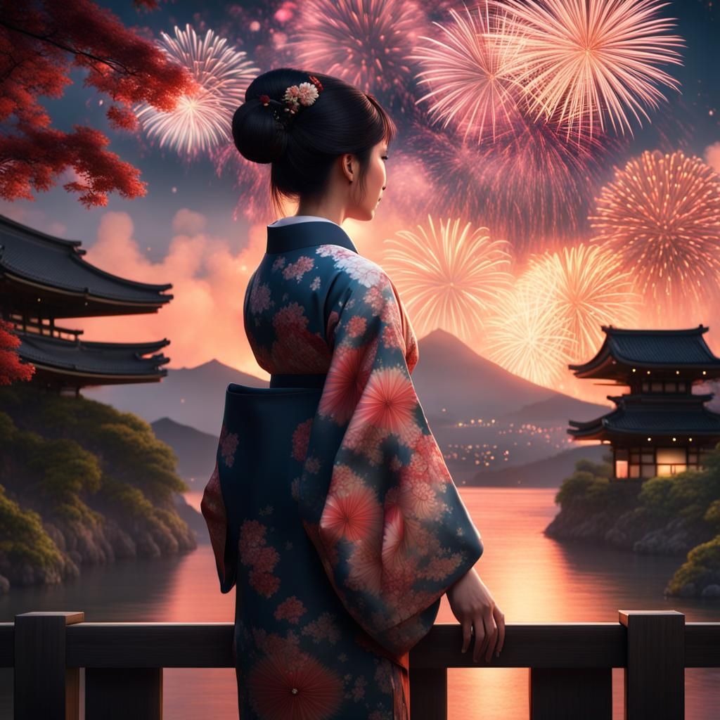 Woman in Kimono Watching Summer Fireworks, Detailed Art