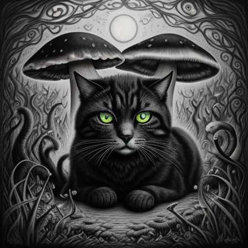 Psychedelic Gothic Cat in Mushroom Fantasy Land