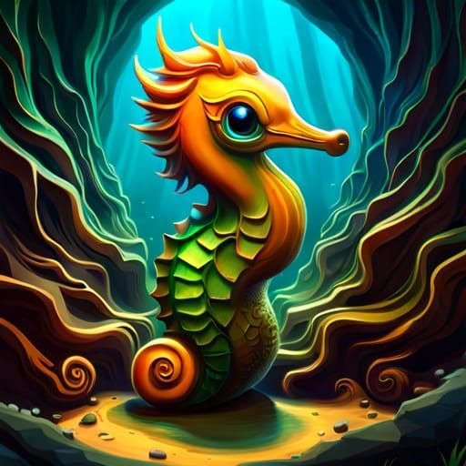 Cute Celtic Baby Seahorse in Detailed Matte Painting