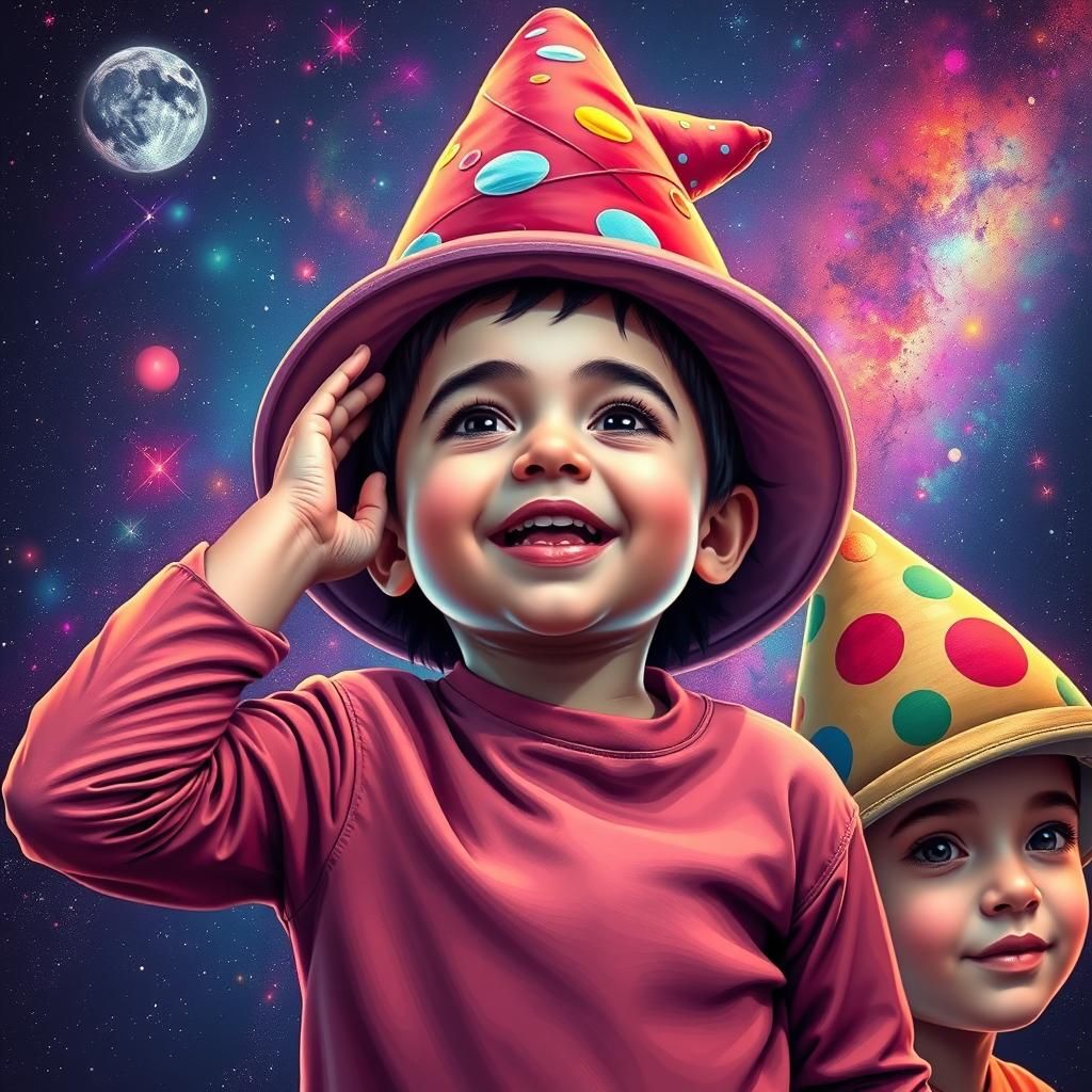 Cheerful Child Tries on Hats in Hyperrealism