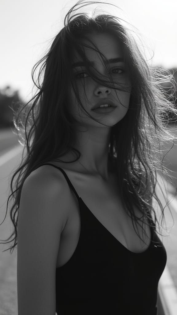 Monochrome Portrait of Woman with Windswept Hair