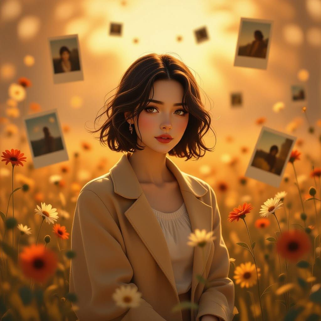 Nostalgic Figure Surrounded by Fading Memories