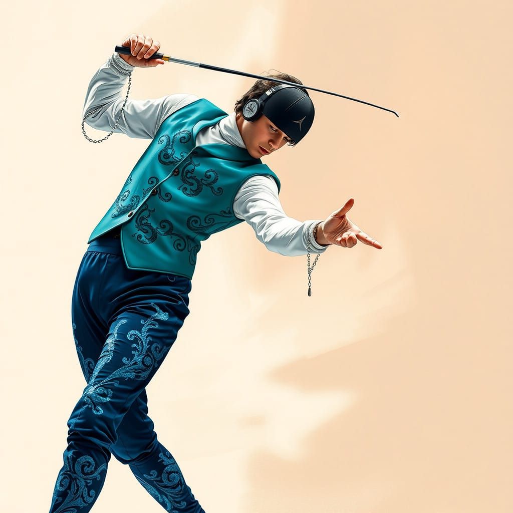 Dramatic Fencer in Teal Haute Couture, Dark Blue Sequins, an...