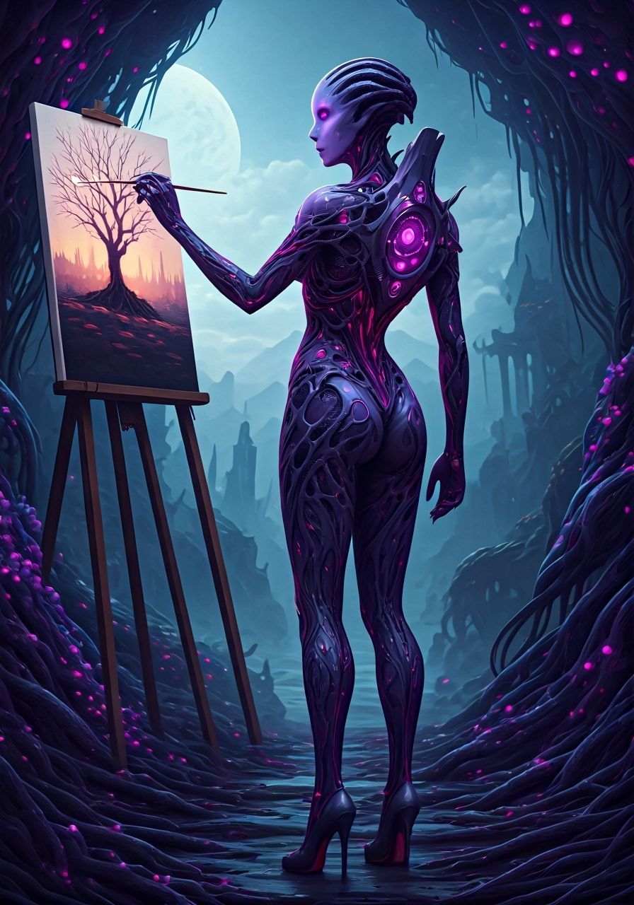 Alien Biosuit Woman Paints Last Tree in Mutated Landscape