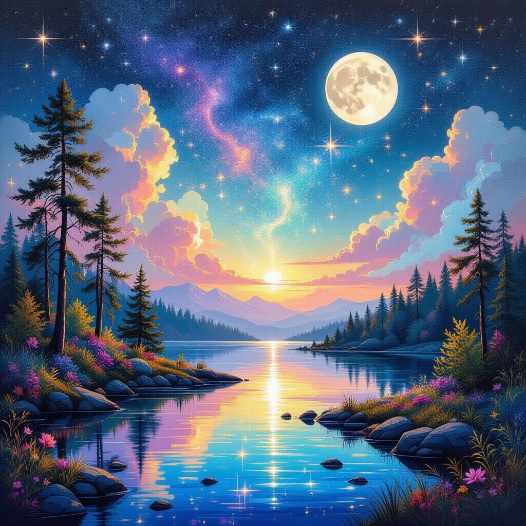 Shimmering Iridescent Cosmic Scene in 5D Style