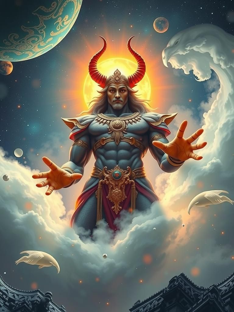 Majestic Horned Sun God in Hyperrealistic Style