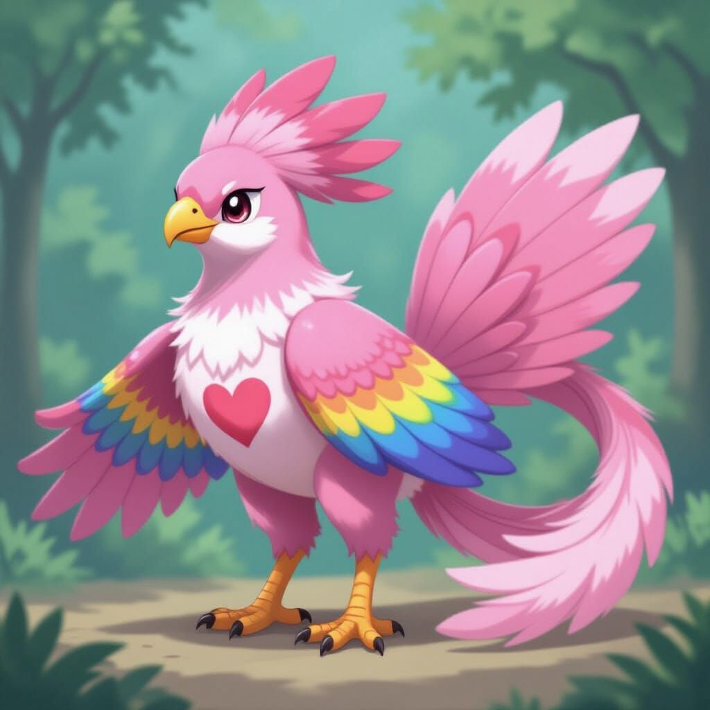 Pink Raptor-like Bird Pokémon with Rainbow Wings