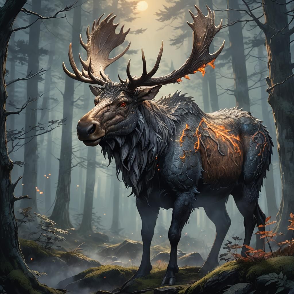 Anime Dragon Moose Portrait in Misty Forest