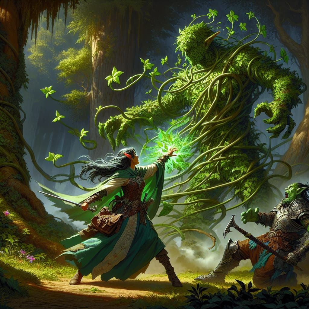 Elf Ranger Casts Plant Growth Spell on Orc