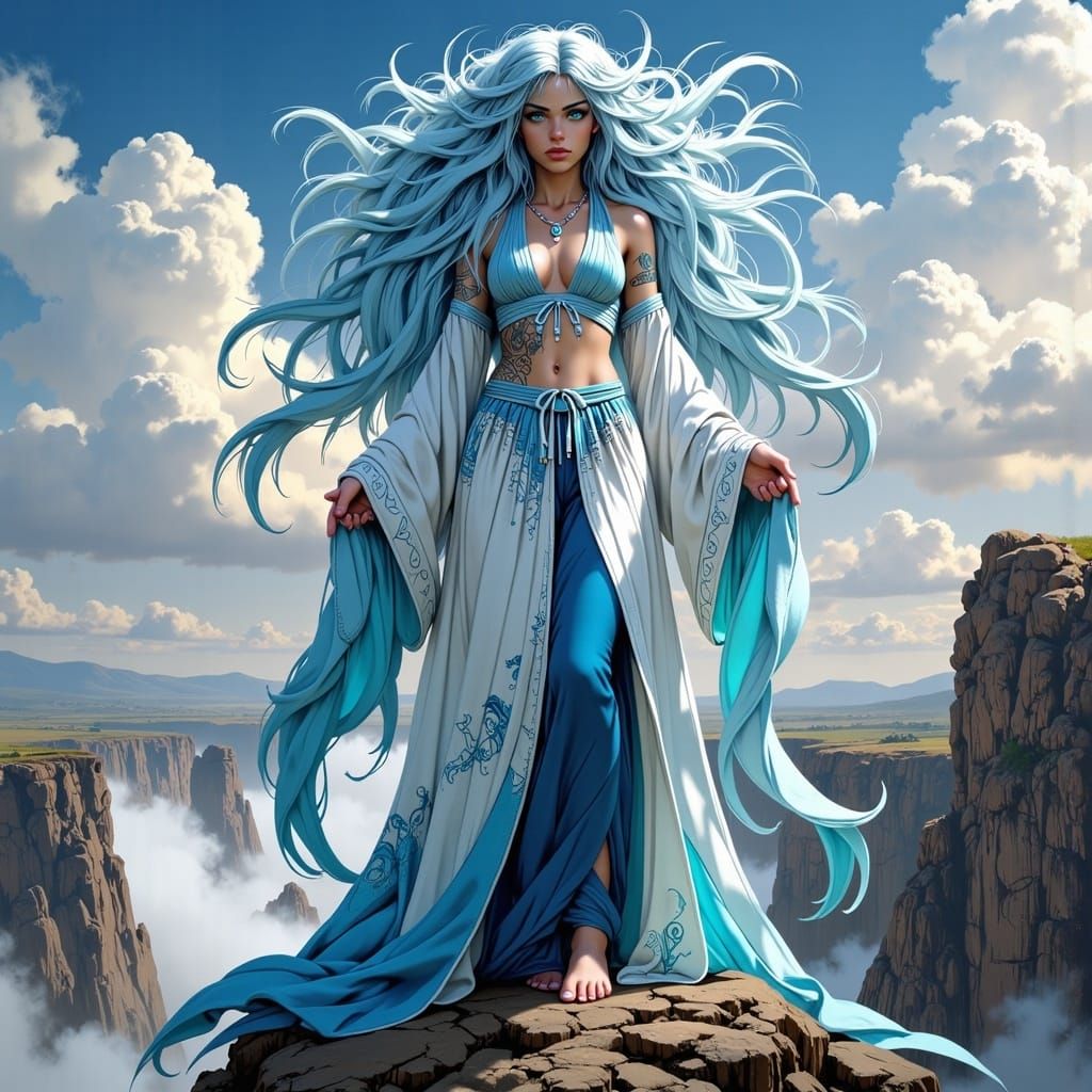 Female Mage on Windswept Cliff in Fantasy Landscape