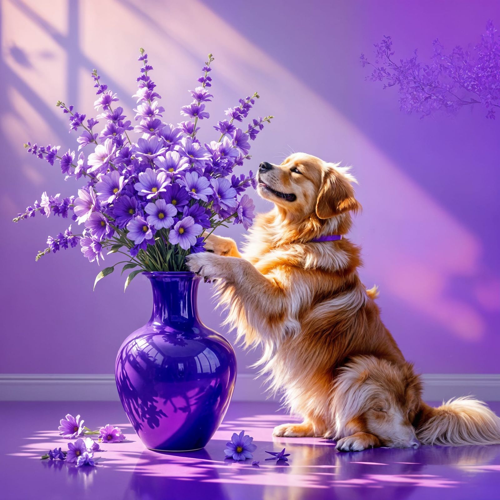 Dog Scratches Purple Vase with Violet Flowers in Purple Room