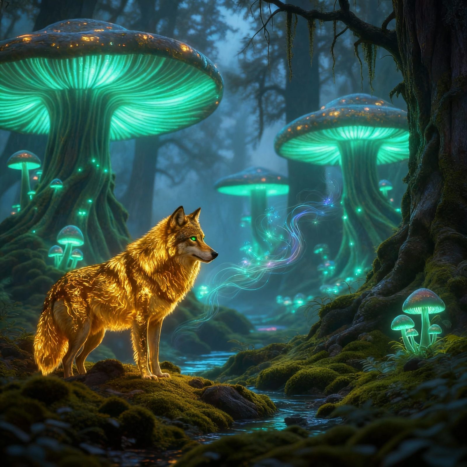 Majestic Golden Wolf in Bioluminescent Forest
