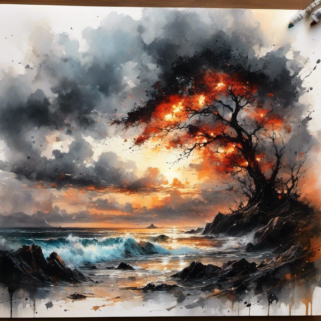 Beach Sunset in Mixed Media Collage Style