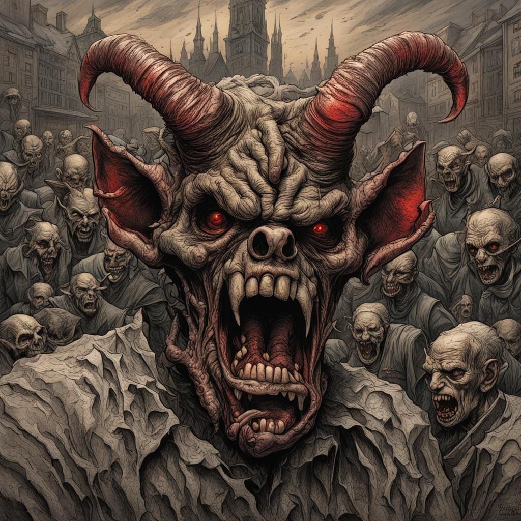 Wicked devil
Horns of galvanized(steel:1.3)
Vulgar shouting (Hex:1.5)
intricately detailed; Bernie Wrightson,
Ben Bocqu...