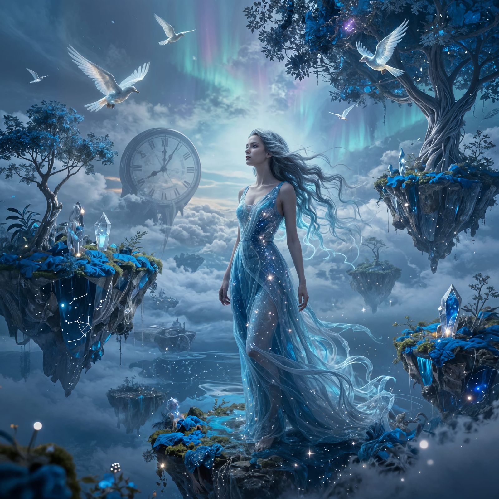 Ethereal Blue Dreamscape with Woman and Floating Islands