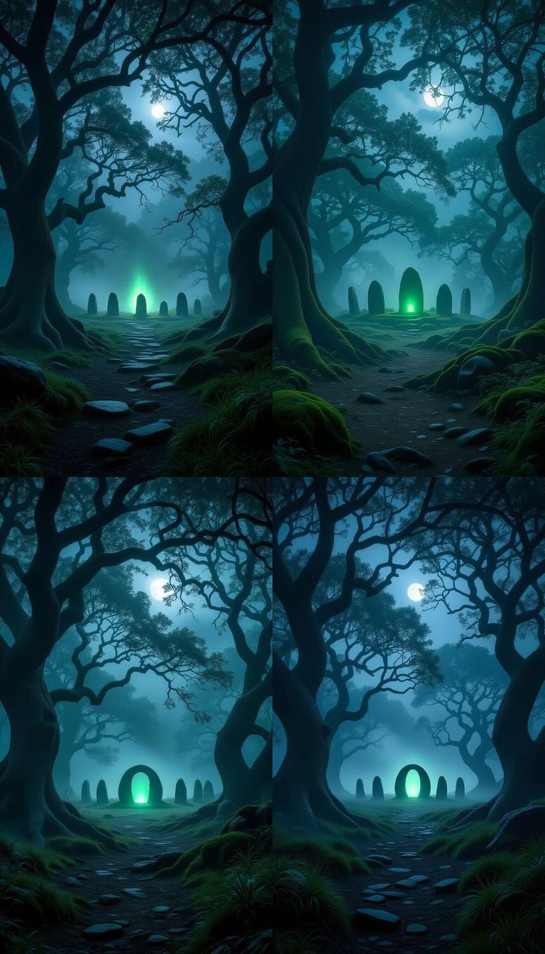Mystical Celtic Forest at Night with Stone Circle and Emeral...