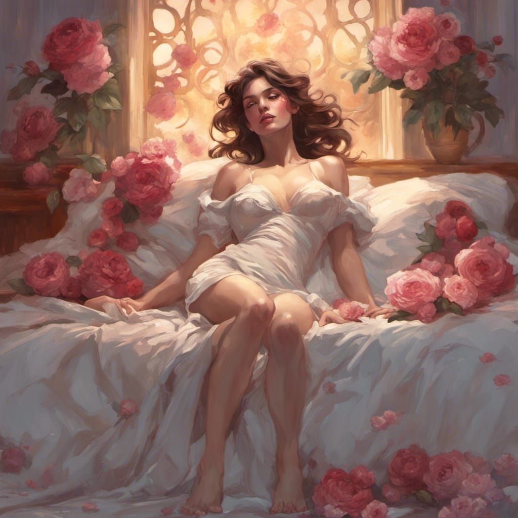 Romantic Woman in Roses, Digital Art Portrait