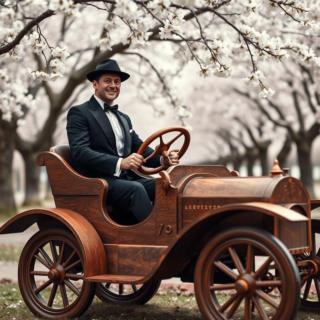 Cherrywood Carved Ford Model T Under Cherry Blossoms