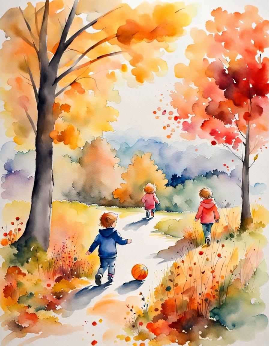 Watercolor Painting of an Autumn Landscape with Figures