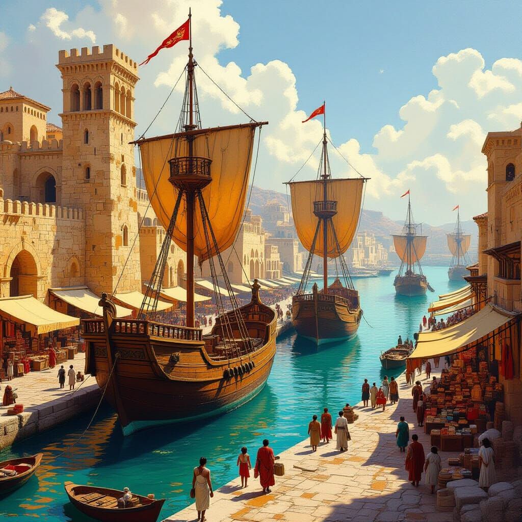 Bustling Carthaginian Harbor in Golden Light