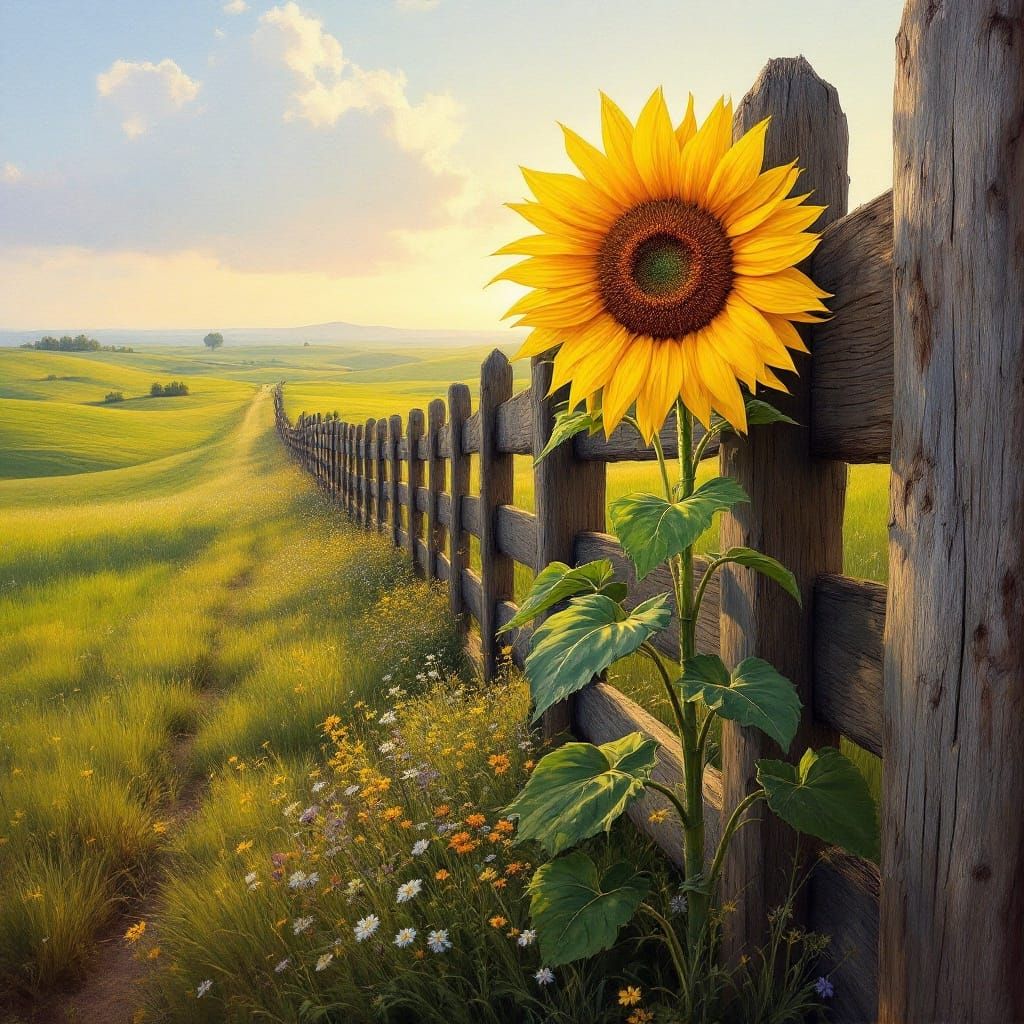Golden Sunflower in Field, American Regionalist Style