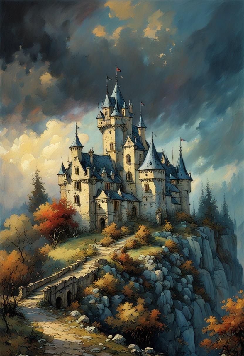 Hyperdetailed Small Castle in Arthur Rackham Style