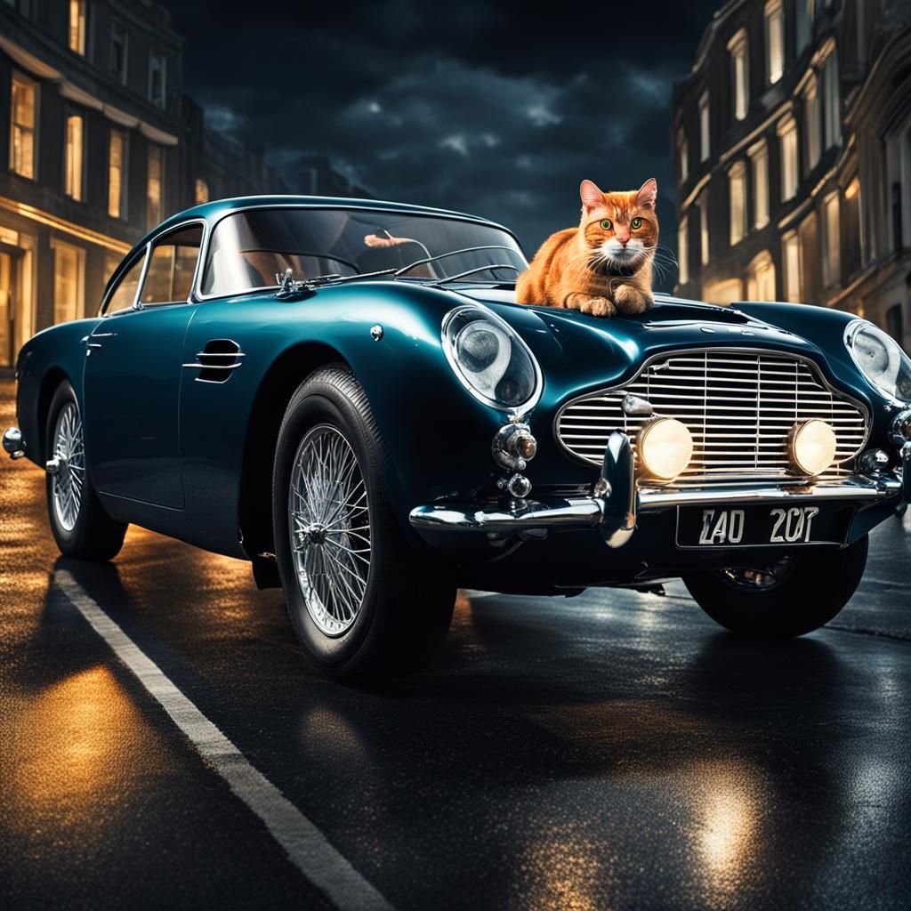 James Bond Cat Driving Aston Martin: Hyperrealistic
