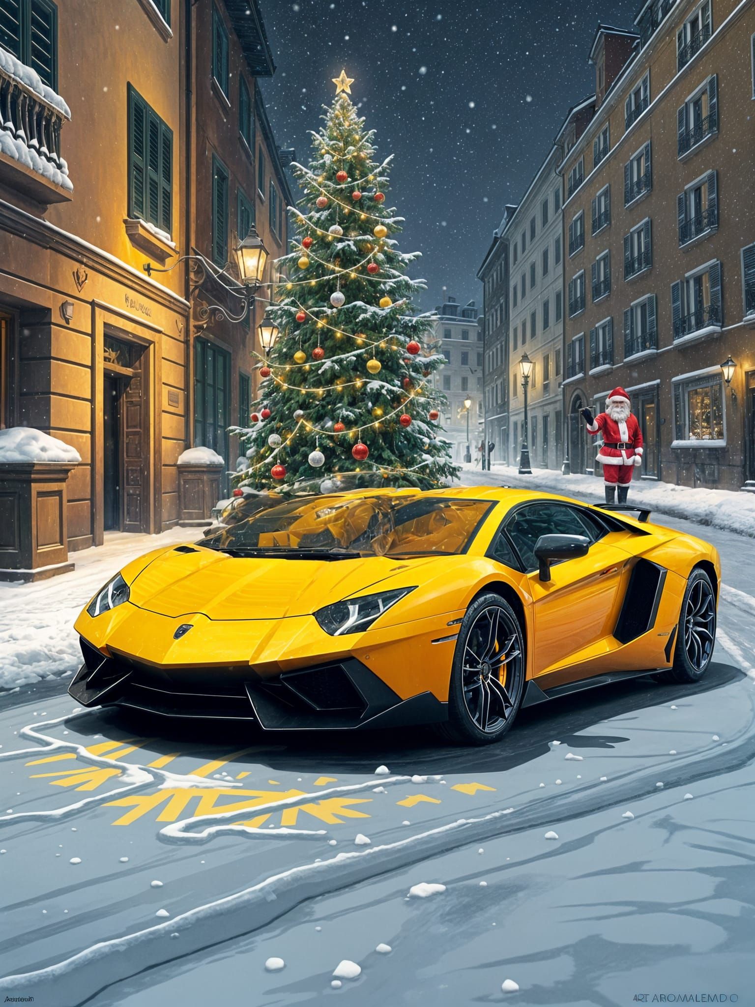 Matte Yellow Lamborghini Aventador in a Snowy Italian Street...