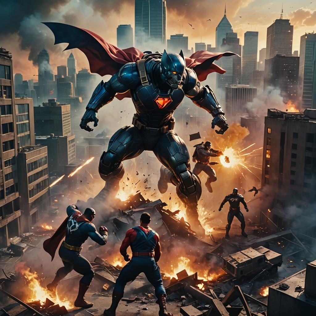 Epic Superhero Battle in Vibrant Oil Painting Style