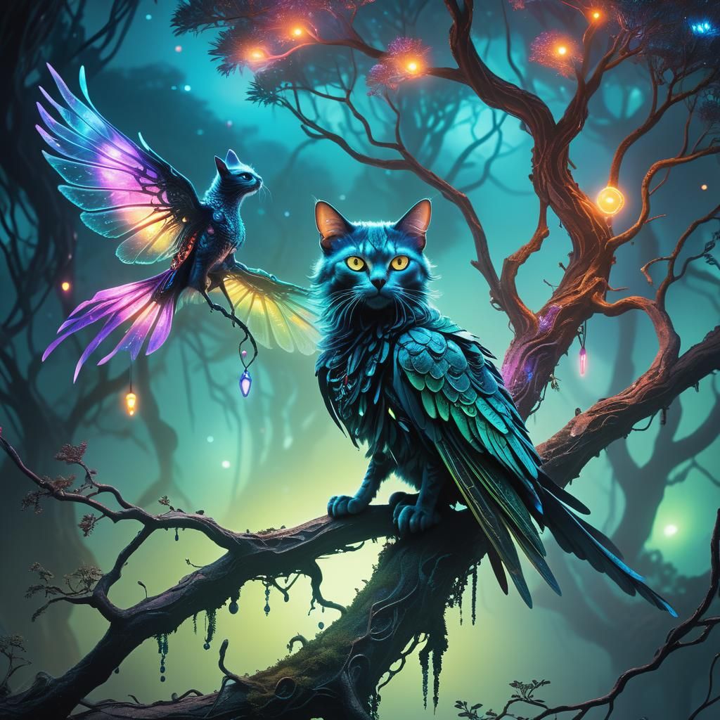 Alien Feline-Avian Creature in Bioluminescent Sci-Fi Forest