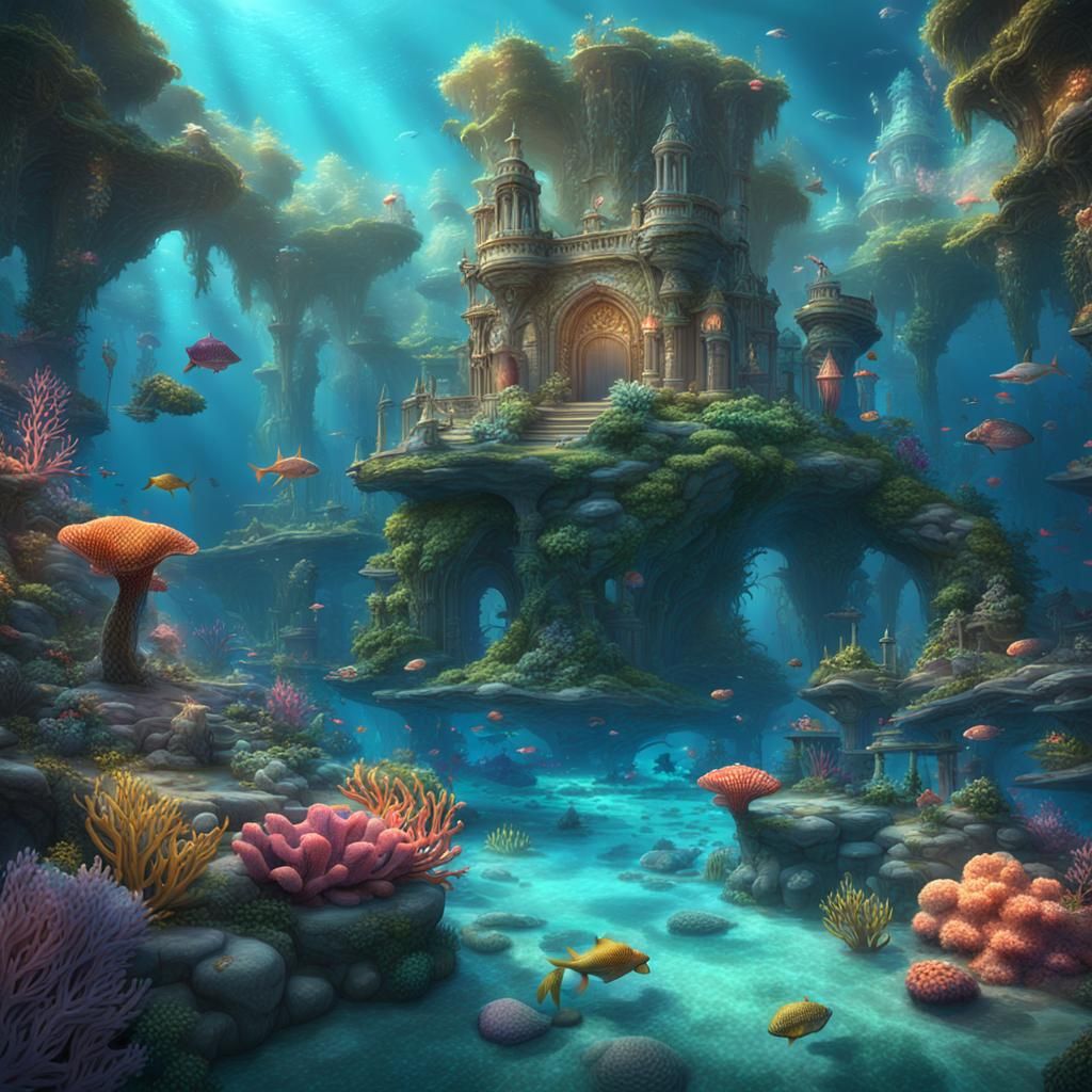 fairy tale art Mermaid’s Lagoon - A tranquil, crystal-clear lagoon where mermaids play and sing, surrounded by colorful ...