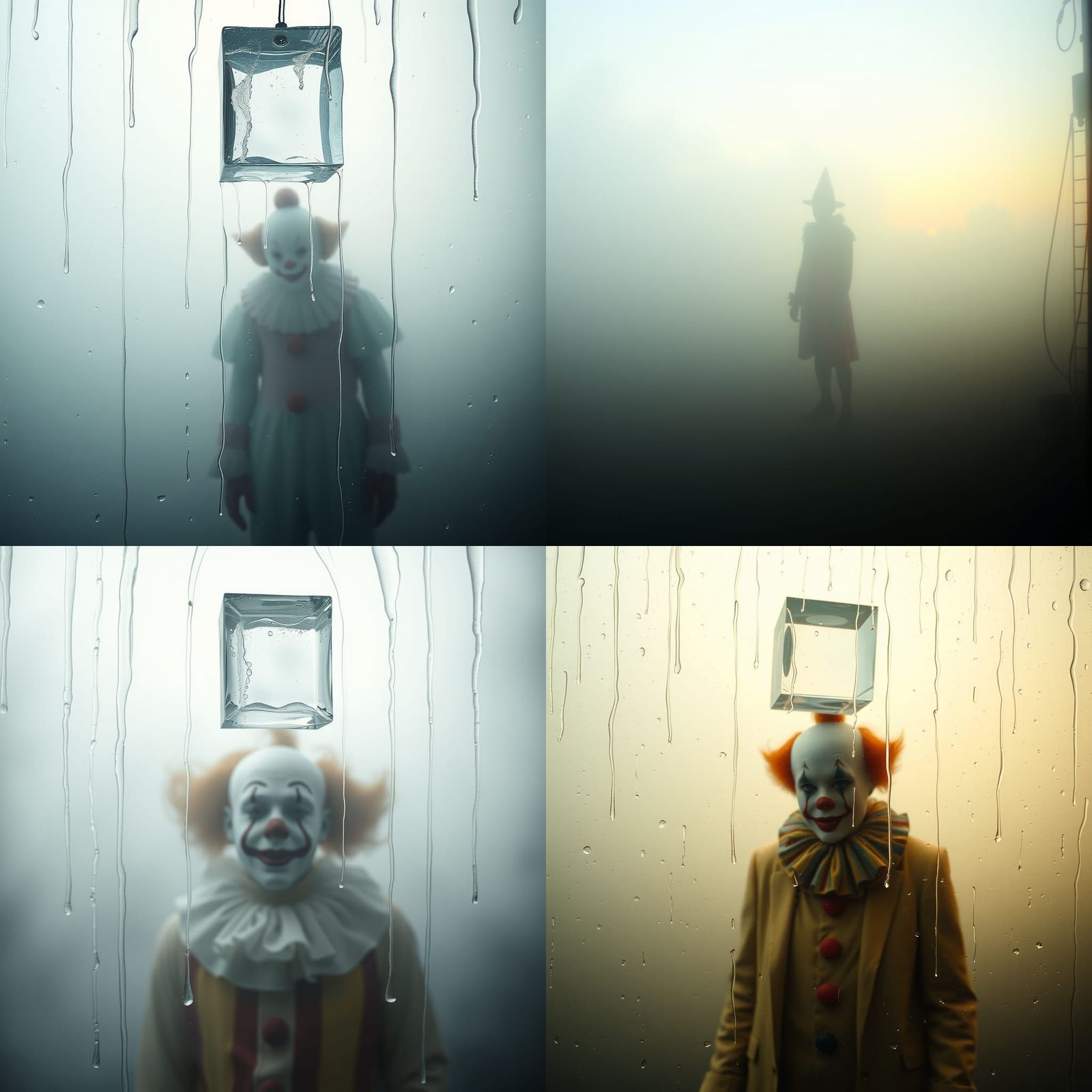 Surreal Clown Figure Behind Foggy Window
