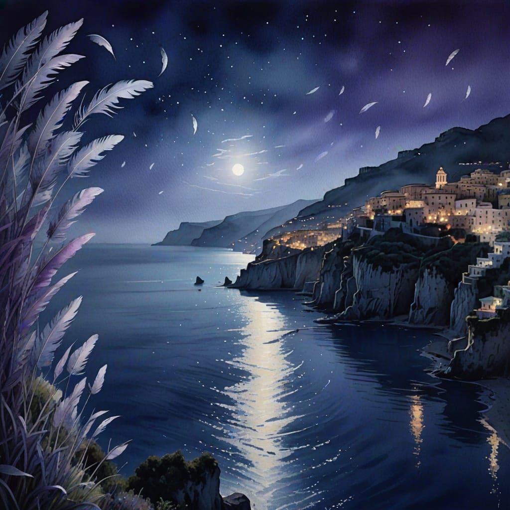 Amalfi with Feathers in Dreamlike Watercolor Style