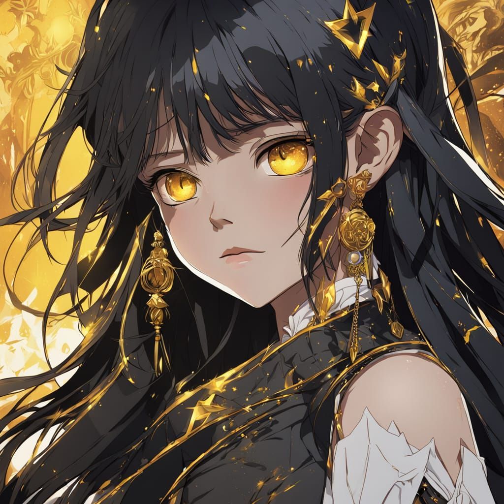 Anime Girl with Golden Eyes and Black Dress