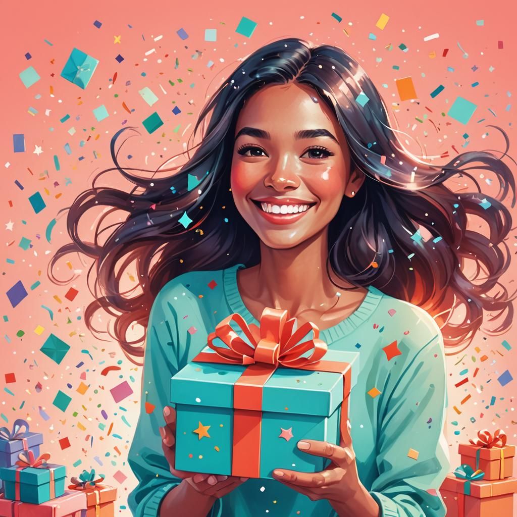 Woman with Gift in Mary Blair Style