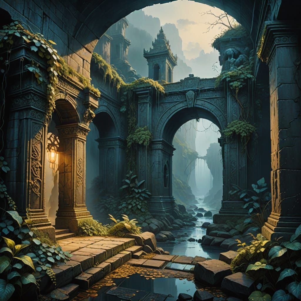 Misty Abyss: Crumbling Bridge in Surreal Style