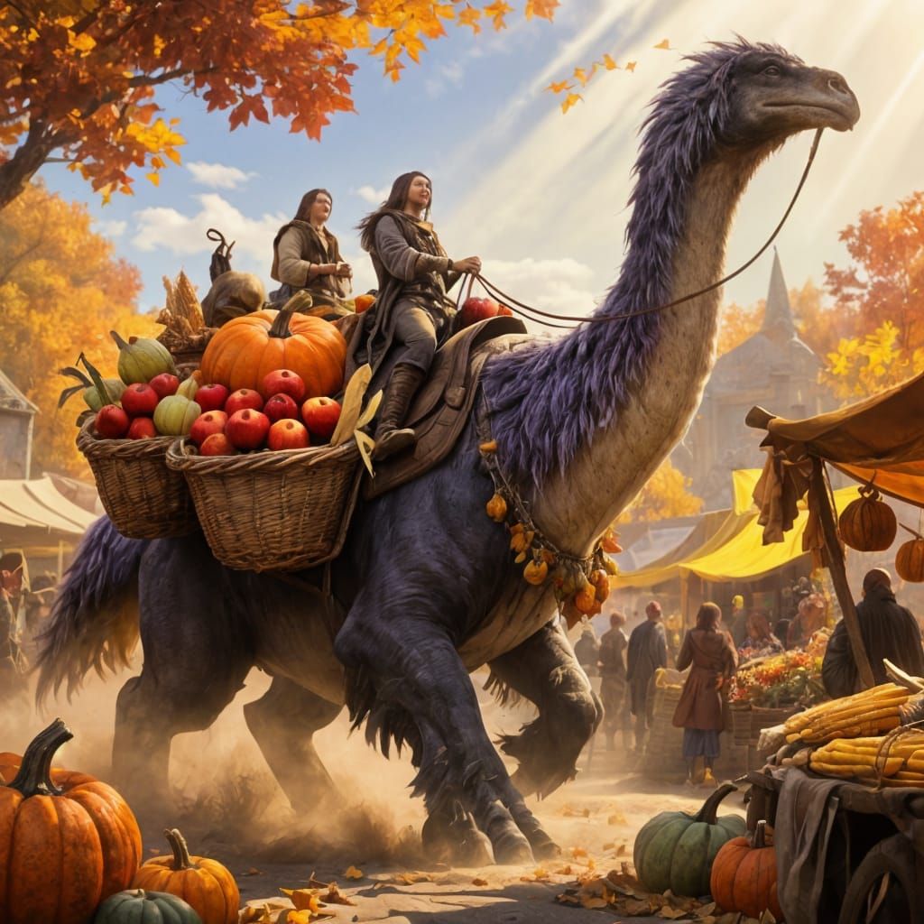 Gigantic Herbivore Harvest in Bustling Fantasy Fall Market