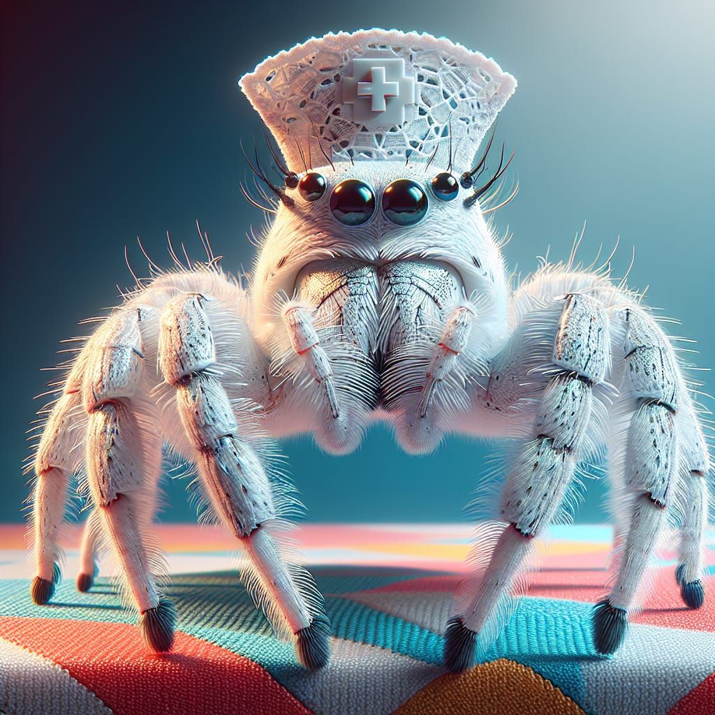 Hyperrealistic Jumping Spider in Nurse Cap