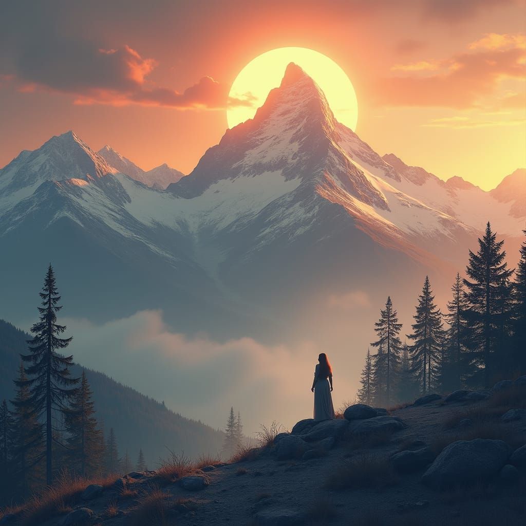 Mystical Woman on Alpine Peak in Romantic Style