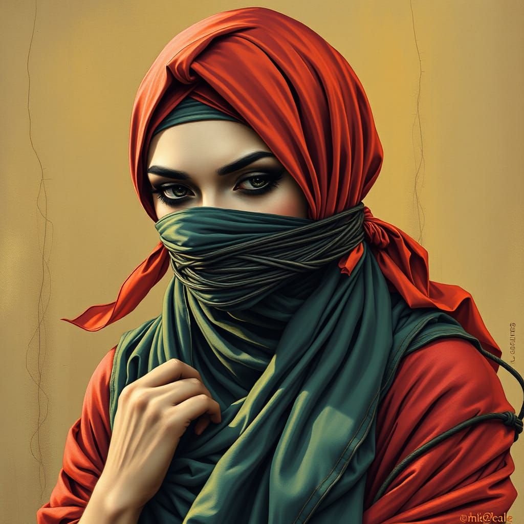 A damsel in distress, bound and gagged, wearing a vibrant hi...